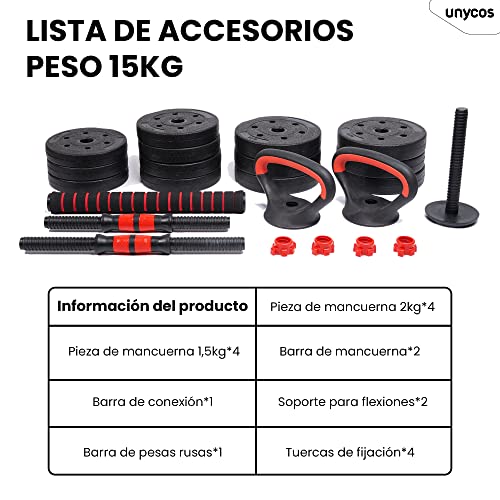 unycos - Kit de Mancuernas Ajustables de 15 kg, Juego de Pesas de PVC-Cemento con Barra Ergonómica y Soporte para Flexiones, Mangos Antideslizantes, Gimnasio en Casa para Hombres y Mujeres