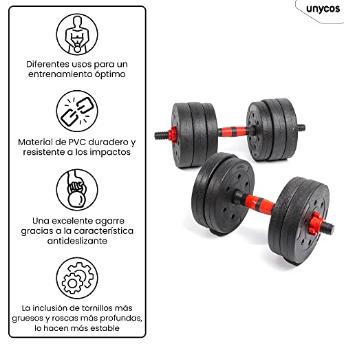 unycos - Kit de Mancuernas Ajustables de 15 kg, Juego de Pesas de PVC-Cemento con Barra Ergonómica y Soporte para Flexiones, Mangos Antideslizantes, Gimnasio en Casa para Hombres y Mujeres