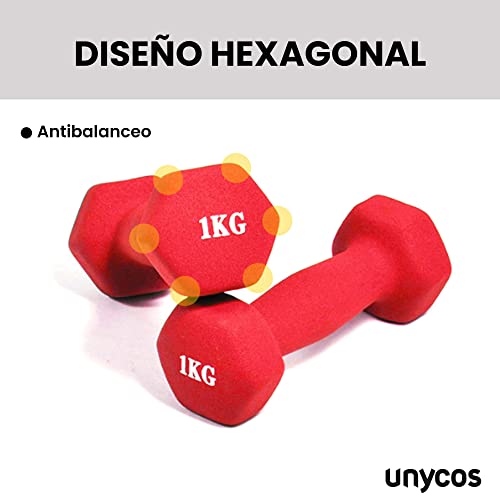 unycos - Kit de Mancuernas de Neopreno Hexagonales Antideslizantes 1kg, 2kg y 3kg (Vendido en Pares), Anti-Rodadura, Juego de Pesas para Entrenamiento de Fuerza, Fitness y Pilates, Gimnasio en Casa