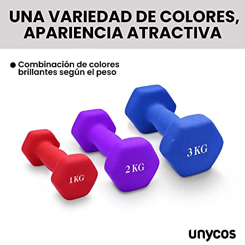 unycos - Kit de Mancuernas de Neopreno Hexagonales Antideslizantes 1kg, 2kg y 3kg (Vendido en Pares), Anti-Rodadura, Juego de Pesas para Entrenamiento de Fuerza, Fitness y Pilates, Gimnasio en Casa