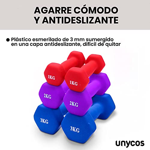 unycos - Kit de Mancuernas de Neopreno Hexagonales Antideslizantes 1kg, 2kg y 3kg (Vendido en Pares), Anti-Rodadura, Juego de Pesas para Entrenamiento de Fuerza, Fitness y Pilates, Gimnasio en Casa