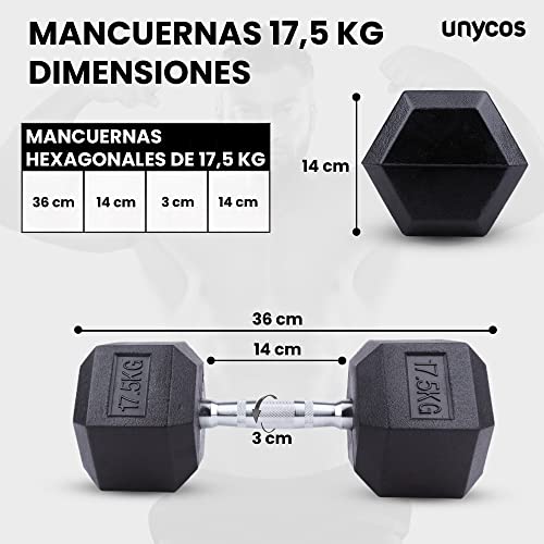 unycos - Mancuerna Hexagonal, Ergonómica y con Empuñadura Cromada - Revestimiento de Goma - Fitness y Gimnasio en Casa, Pesa Corta para Entrenamiento Funcional | Cross-Training (1 und x 17,5Kg)