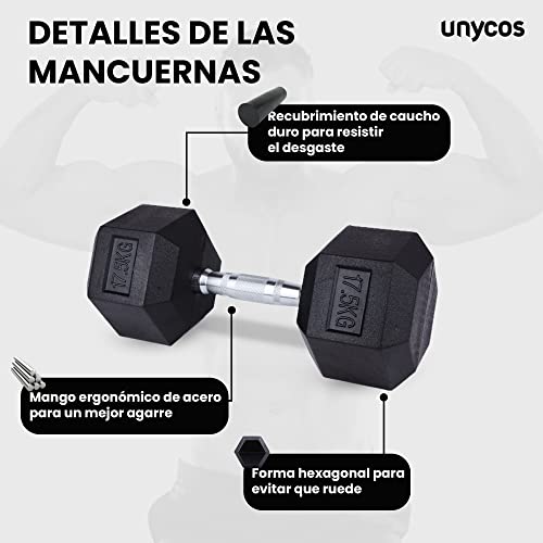 unycos - Mancuerna Hexagonal, Ergonómica y con Empuñadura Cromada - Revestimiento de Goma - Fitness y Gimnasio en Casa, Pesa Corta para Entrenamiento Funcional | Cross-Training (1 und x 17,5Kg)