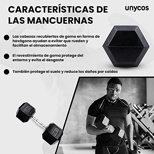 unycos - Mancuerna Hexagonal, Ergonómica y con Empuñadura Cromada - Revestimiento de Goma - Fitness y Gimnasio en Casa, Pesa Corta para Entrenamiento Funcional | Cross-Training (1 und x 17,5Kg)