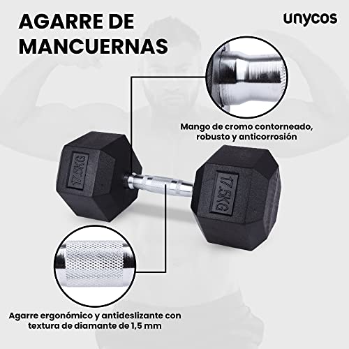 unycos - Mancuerna Hexagonal, Ergonómica y con Empuñadura Cromada - Revestimiento de Goma - Fitness y Gimnasio en Casa, Pesa Corta para Entrenamiento Funcional | Cross-Training (1 und x 17,5Kg)