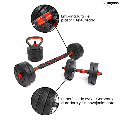 unycos - Mancuernas Ajustables, Barra, Discos 10/15/20/30/40KG, Soporte para Flexiones, Pesa Rusa, Juego de Pesas 4 en 1 de PVC-Cemento, Agarre Cómodo para Ejercicios de Musculación, Gimnasio en Casa