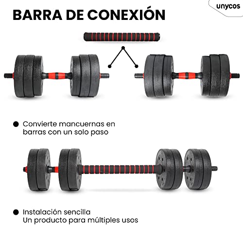 unycos - Mancuernas Ajustables, Barra, Discos 10/15/20/30/40KG, Soporte para Flexiones, Pesa Rusa, Juego de Pesas 4 en 1 de PVC-Cemento, Agarre Cómodo para Ejercicios de Musculación, Gimnasio en Casa