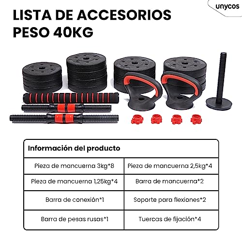 unycos - Mancuernas Ajustables, Juego de Pesas Combinable 4 en 1, Barra, Discos de 10 a 40 kg, Pesa Rusa, Soporte para Flexiones, Agarre Cómodo para Ejercicios de Musculación, Gimnasio en Casa