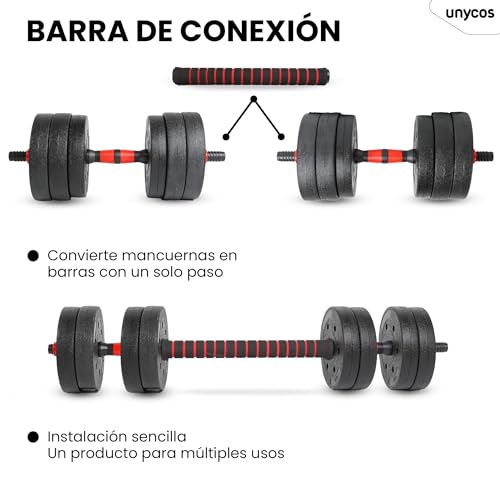 unycos - Mancuernas Ajustables, Juego de Pesas Combinable 4 en 1, Barra, Discos de 10 a 40 kg, Pesa Rusa, Soporte para Flexiones, Agarre Cómodo para Ejercicios de Musculación, Gimnasio en Casa