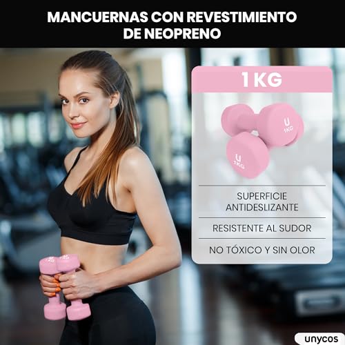 unycos - Par de Mancuernas y Pesas Antideslizantes de Neopreno, Disponibles de 1kg a 10kg con Diseño Anti-Rodadura, Ergonómicas, Entrenamiento de Fuerza/Fitness (Redondas, Rosa 1kg)