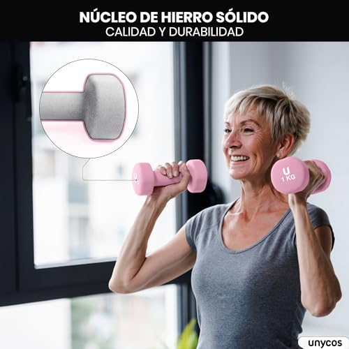 unycos - Par de Mancuernas y Pesas Antideslizantes de Neopreno, Disponibles de 1kg a 10kg con Diseño Anti-Rodadura, Ergonómicas, Entrenamiento de Fuerza/Fitness (Redondas, Rosa 1kg)