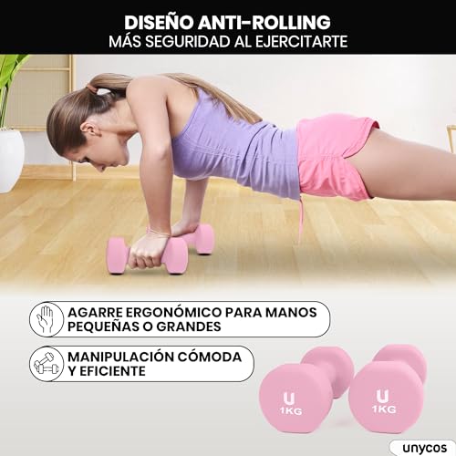 unycos - Par de Mancuernas y Pesas Antideslizantes de Neopreno, Disponibles de 1kg a 10kg con Diseño Anti-Rodadura, Ergonómicas, Entrenamiento de Fuerza/Fitness (Redondas, Rosa 1kg)