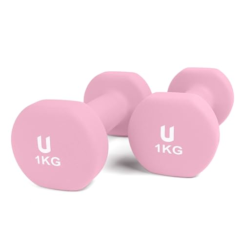 unycos - Par de Mancuernas y Pesas Antideslizantes de Neopreno, Disponibles de 1kg a 10kg con Diseño Anti-Rodadura, Ergonómicas, Entrenamiento de Fuerza/Fitness (Redondas, Rosa 1kg)