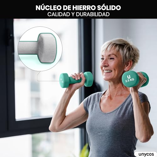 unycos - Par de Mancuernas y Pesas Antideslizantes de Neopreno, Disponibles de 1kg a 10kg con Diseño Anti-Rodadura, Ergonómicas, Entrenamiento de Fuerza/Fitness (Redondas, Turquesa 2.5kg)