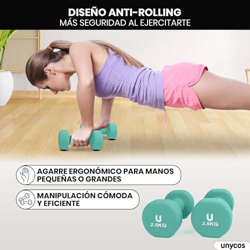 unycos - Par de Mancuernas y Pesas Antideslizantes de Neopreno, Disponibles de 1kg a 10kg con Diseño Anti-Rodadura, Ergonómicas, Entrenamiento de Fuerza/Fitness (Redondas, Turquesa 2.5kg)