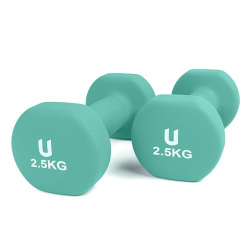 unycos - Par de Mancuernas y Pesas Antideslizantes de Neopreno, Disponibles de 1kg a 10kg con Diseño Anti-Rodadura, Ergonómicas, Entrenamiento de Fuerza/Fitness (Redondas, Turquesa 2.5kg)