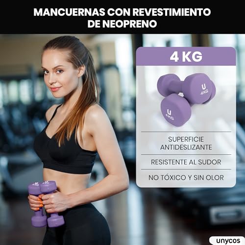 unycos - Par de Mancuernas y Pesas Antideslizantes de Neopreno, Disponibles de 1kg a 10kg con Diseño Anti-Rodadura, Ergonómicas, Entrenamiento de Fuerza/Fitness (Redondas, Morado 4kg)