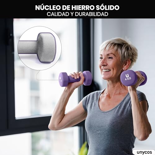 unycos - Par de Mancuernas y Pesas Antideslizantes de Neopreno, Disponibles de 1kg a 10kg con Diseño Anti-Rodadura, Ergonómicas, Entrenamiento de Fuerza/Fitness (Redondas, Morado 4kg)