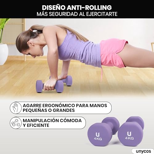 unycos - Par de Mancuernas y Pesas Antideslizantes de Neopreno, Disponibles de 1kg a 10kg con Diseño Anti-Rodadura, Ergonómicas, Entrenamiento de Fuerza/Fitness (Redondas, Morado 4kg)