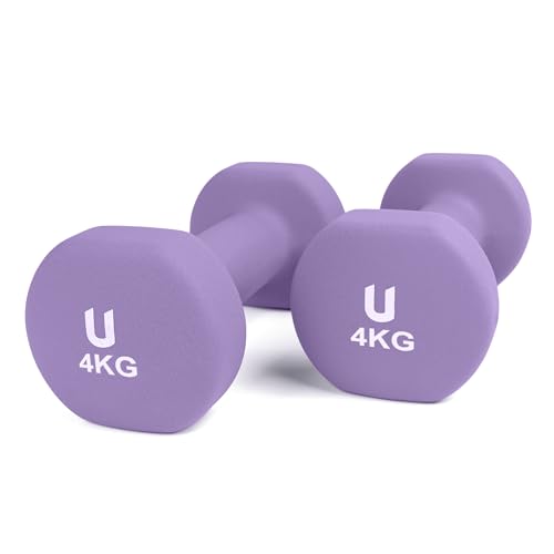 unycos - Par de Mancuernas y Pesas Antideslizantes de Neopreno, Disponibles de 1kg a 10kg con Diseño Anti-Rodadura, Ergonómicas, Entrenamiento de Fuerza/Fitness (Redondas, Morado 4kg)