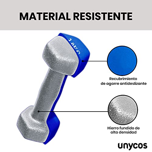 unycos - Par de Mancuernas y Pesas Antideslizantes de Neopreno, Disponibles de 1kg a 10kg con Diseño Anti-Rodadura, Ergonómicas, Entrenamiento de Fuerza/Fitness (Hexagonales, Azul 3 kg)