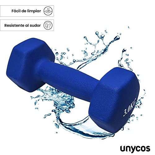 unycos - Par de Mancuernas y Pesas Antideslizantes de Neopreno, Disponibles de 1kg a 10kg con Diseño Anti-Rodadura, Ergonómicas, Entrenamiento de Fuerza/Fitness (Hexagonales, Azul 3 kg)