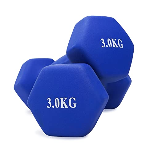 unycos - Par de Mancuernas y Pesas Antideslizantes de Neopreno, Disponibles de 1kg a 10kg con Diseño Anti-Rodadura, Ergonómicas, Entrenamiento de Fuerza/Fitness (Hexagonales, Azul 3 kg)