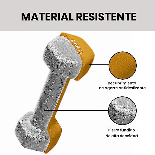 unycos - Par de Mancuernas y Pesas Antideslizantes de Neopreno, Disponibles de 1kg a 10kg con Diseño Anti-Rodadura, Ergonómicas, Entrenamiento de Fuerza/Fitness (Hexagonales, Amarillo 6 kg)