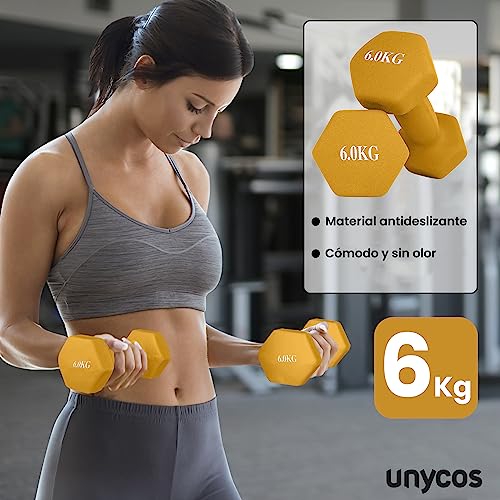 unycos - Par de Mancuernas y Pesas Antideslizantes de Neopreno, Disponibles de 1kg a 10kg con Diseño Anti-Rodadura, Ergonómicas, Entrenamiento de Fuerza/Fitness (Hexagonales, Azul 3 kg)