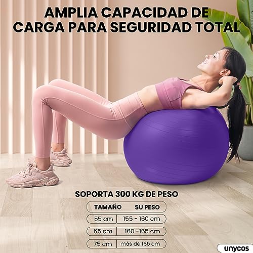 unycos - Pelota 55/65/75 cm de Pilates, Fitness, Yoga, Embarazo, Deporte, Fitball para Ejercicios de Gimnasia, Silla de Equilibrio, Anti-Reventones, Anti-Burst, No Tóxica | Incluye Inflador