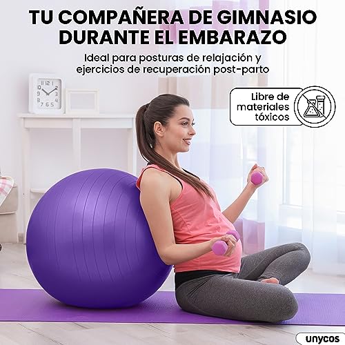 unycos - Pelota 55/65/75 cm de Pilates, Fitness, Yoga, Embarazo, Deporte, Fitball para Ejercicios de Gimnasia, Silla de Equilibrio, Anti-Reventones, Anti-Burst, No Tóxica | Incluye Inflador