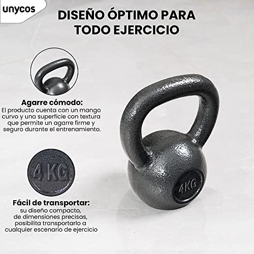 unycos - Pesa Rusa de 4 kg, Kettlebell de Hierro Fundido con Revestimiento Duradero, Mango Amplio para Ejercicios y Entrenamientos de Musculación, Culturismo y Fitness, Gimnasio en Casa