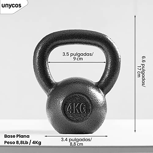 unycos - Pesa Rusa de 4 kg, Kettlebell de Hierro Fundido con Revestimiento Duradero, Mango Amplio para Ejercicios y Entrenamientos de Musculación, Culturismo y Fitness, Gimnasio en Casa