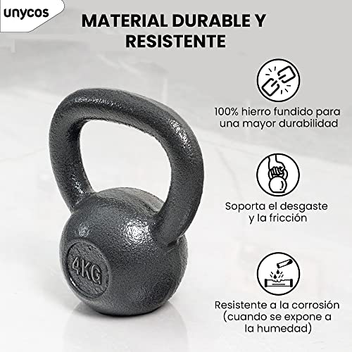 unycos - Pesa Rusa de 4 kg, Kettlebell de Hierro Fundido con Revestimiento Duradero, Mango Amplio para Ejercicios y Entrenamientos de Musculación, Culturismo y Fitness, Gimnasio en Casa