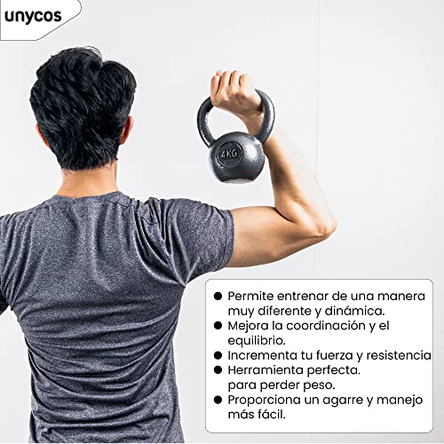 unycos - Pesa Rusa de 4 kg, Kettlebell de Hierro Fundido con Revestimiento Duradero, Mango Amplio para Ejercicios y Entrenamientos de Musculación, Culturismo y Fitness, Gimnasio en Casa