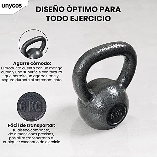 unycos - Pesa Rusa de 6 kg, Kettlebell de Hierro Fundido con Revestimiento Duradero, Mango Amplio para Ejercicios y Entrenamientos de Musculación, Culturismo y Fitness, Gimnasio en Casa