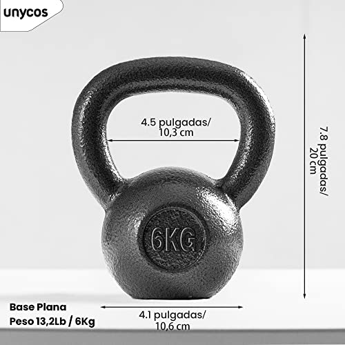 unycos - Pesa Rusa de 6 kg, Kettlebell de Hierro Fundido con Revestimiento Duradero, Mango Amplio para Ejercicios y Entrenamientos de Musculación, Culturismo y Fitness, Gimnasio en Casa