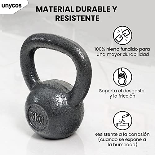 unycos - Pesa Rusa de 6 kg, Kettlebell de Hierro Fundido con Revestimiento Duradero, Mango Amplio para Ejercicios y Entrenamientos de Musculación, Culturismo y Fitness, Gimnasio en Casa