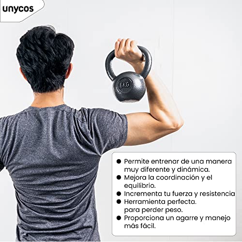 unycos - Pesa Rusa de 6 kg, Kettlebell de Hierro Fundido con Revestimiento Duradero, Mango Amplio para Ejercicios y Entrenamientos de Musculación, Culturismo y Fitness, Gimnasio en Casa