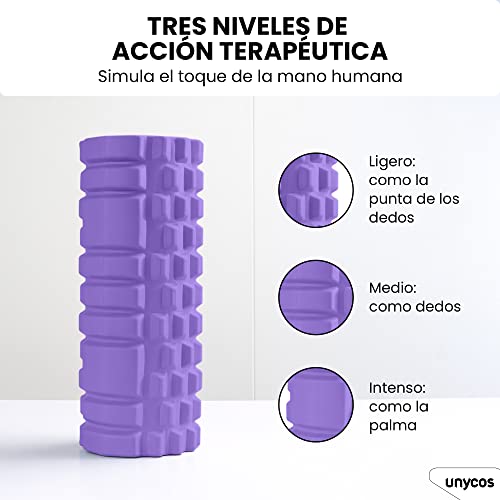 unycos - Rodillo para Masajes Musculares, Cilindro de Gomaespuma para Fitness, Terapia con Foam Roller Ultraligero, Herramienta de Automasaje para Mayor Recuperación y Flexibilidad (Morado)