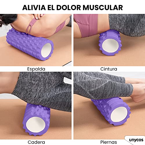 unycos - Rodillo para Masajes Musculares, Cilindro de Gomaespuma para Fitness, Terapia con Foam Roller Ultraligero, Herramienta de Automasaje para Mayor Recuperación y Flexibilidad (Morado)