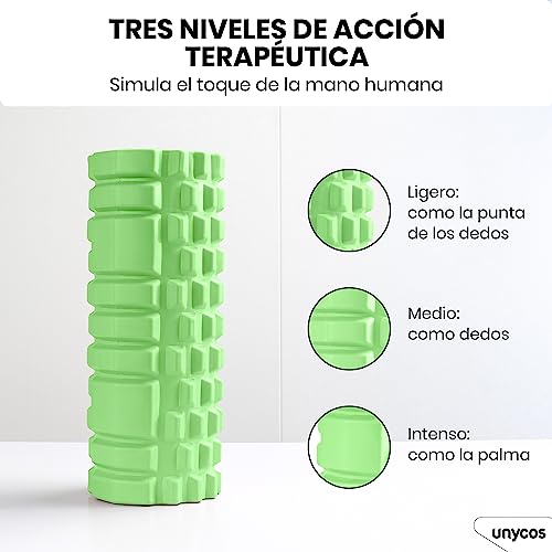 unycos - Rodillo para Masajes Musculares, Cilindro de Gomaespuma para Fitness, Terapia con Foam Roller Ultraligero, Herramienta de Automasaje para Mayor Recuperación y Flexibilidad (Verde)