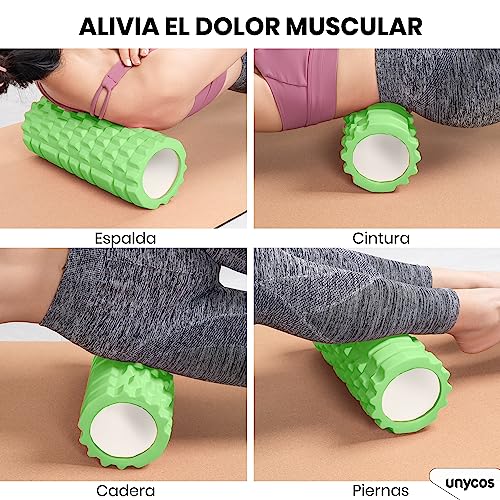 unycos - Rodillo para Masajes Musculares, Cilindro de Gomaespuma para Fitness, Terapia con Foam Roller Ultraligero, Herramienta de Automasaje para Mayor Recuperación y Flexibilidad (Verde)