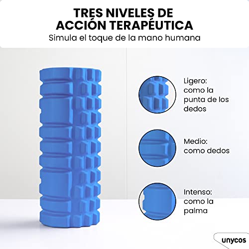 unycos - Rodillo para Masajes Musculares, Cilindro de Gomaespuma para Fitness, Terapia con Foam Roller Ultraligero, Herramienta de Automasaje para Mayor Recuperación y Flexibilidad (Azul Oscuro)