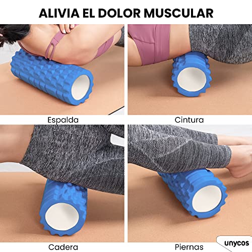 unycos - Rodillo para Masajes Musculares, Cilindro de Gomaespuma para Fitness, Terapia con Foam Roller Ultraligero, Herramienta de Automasaje para Mayor Recuperación y Flexibilidad (Azul Oscuro)