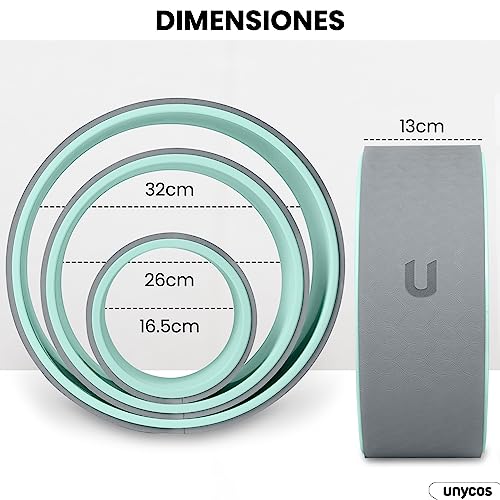 unycos - Ruedas de Yoga Antideslizantes, Resistentes y Ligeras, Kit de 3 Unidades 32 cm/26 cm/16,5 cm Accesorios para Estirar la Espalda, Mejorar la Flexibilidad y Aliviar el Dolor (Light Green)