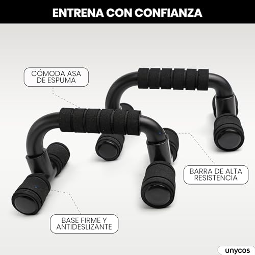 unycos - Soportes para Flexiones, Push Up Bars, Barras Paralelas con Mango Ergonómico de Espuma, Entrenamiento de Fuerza-Fitness, Gimnasio en Casa, Ejercicios para Brazos, Pecho y Hombros (Negro)