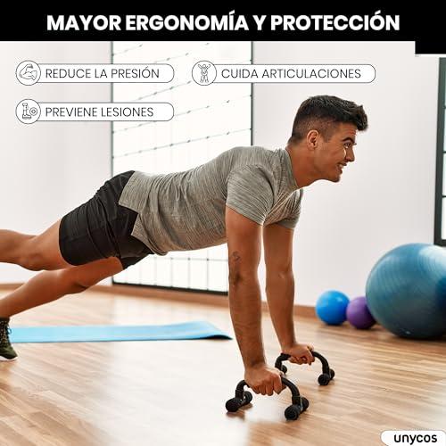 unycos - Soportes para Flexiones, Push Up Bars, Barras Paralelas con Mango Ergonómico de Espuma, Entrenamiento de Fuerza-Fitness, Gimnasio en Casa, Ejercicios para Brazos, Pecho y Hombros (Negro)