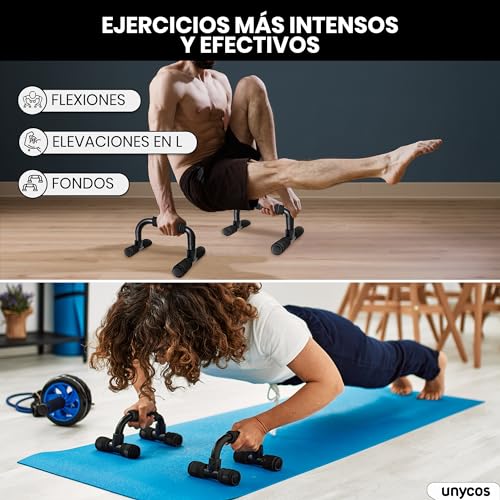 unycos - Soportes para Flexiones, Push Up Bars, Barras Paralelas con Mango Ergonómico de Espuma, Entrenamiento de Fuerza-Fitness, Gimnasio en Casa, Ejercicios para Brazos, Pecho y Hombros (Negro)