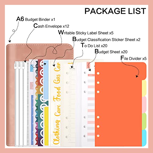 Uquelic Organizador Dinero, Carpeta de Presupuesto A6, PU Carpeta de Cuaderno 6 Anillas con 12 Bolsillos Transparentes Para el Dinero, 20 Hoja de Presupuesto y Varias Etiquetas Adhesivas (Rosado)